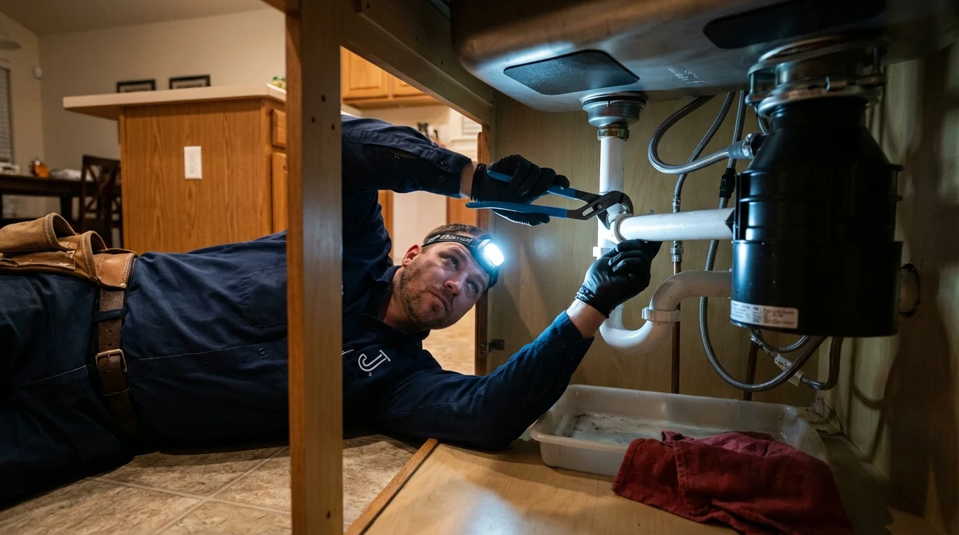 P-trap and supply line connections under a kitchen sink showing a common leak point in Enterprise, UT
